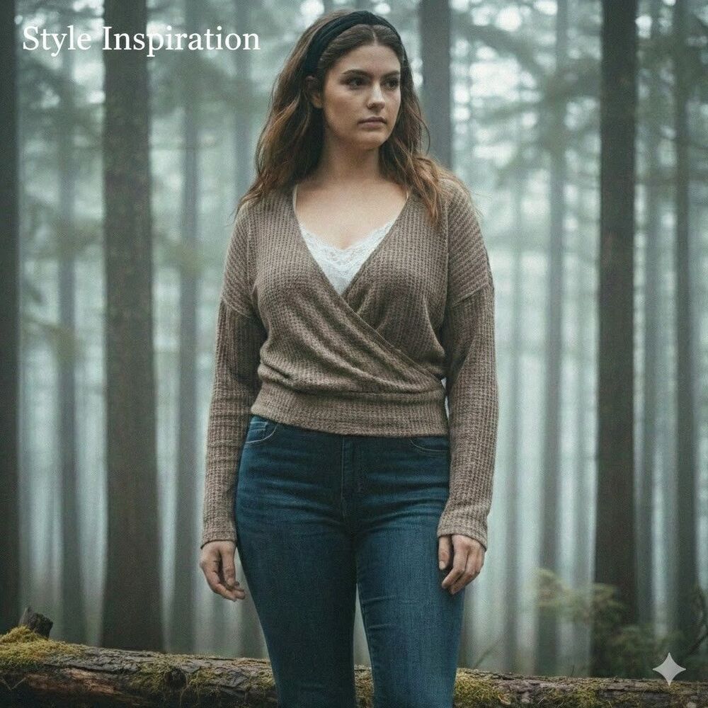 HYFVE Waffle Knit Wrap Top Size L Brown Taupe Cropped Bella Swan Grunge Thermal